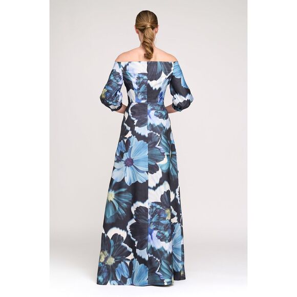 Kay Unger Womens Alison Floral Off-the-Shoulder Gown Flint Light Teal Size 6 - Picture 2 of 12